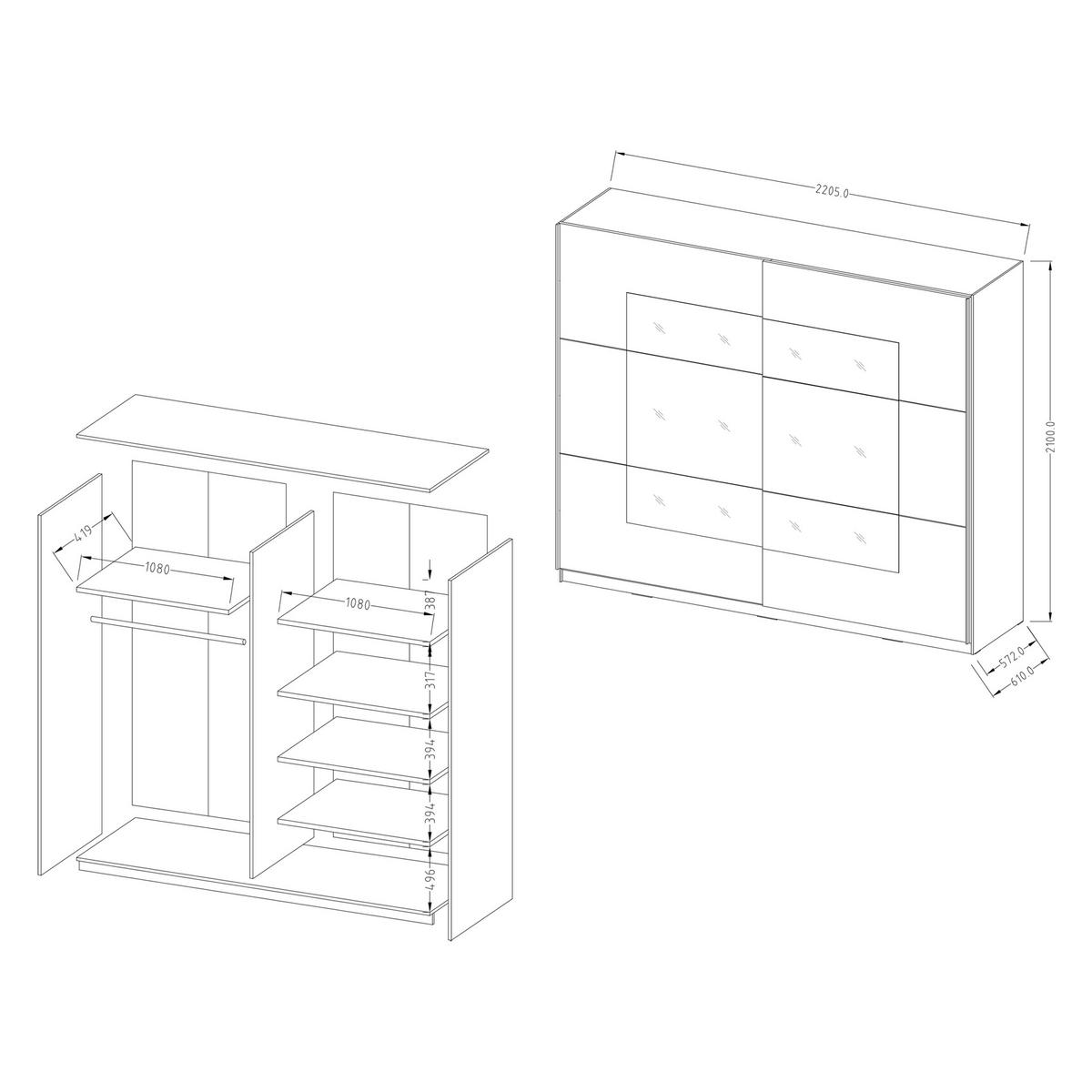 SCHWEBETÜRENSCHRANK BETTINA 221/210/61 cm 2-türig mit Spiegel Eiche San Remo - Weiß/Eiche San Remo, Holzwerkstoff (221/210/61cm) - MASSENO