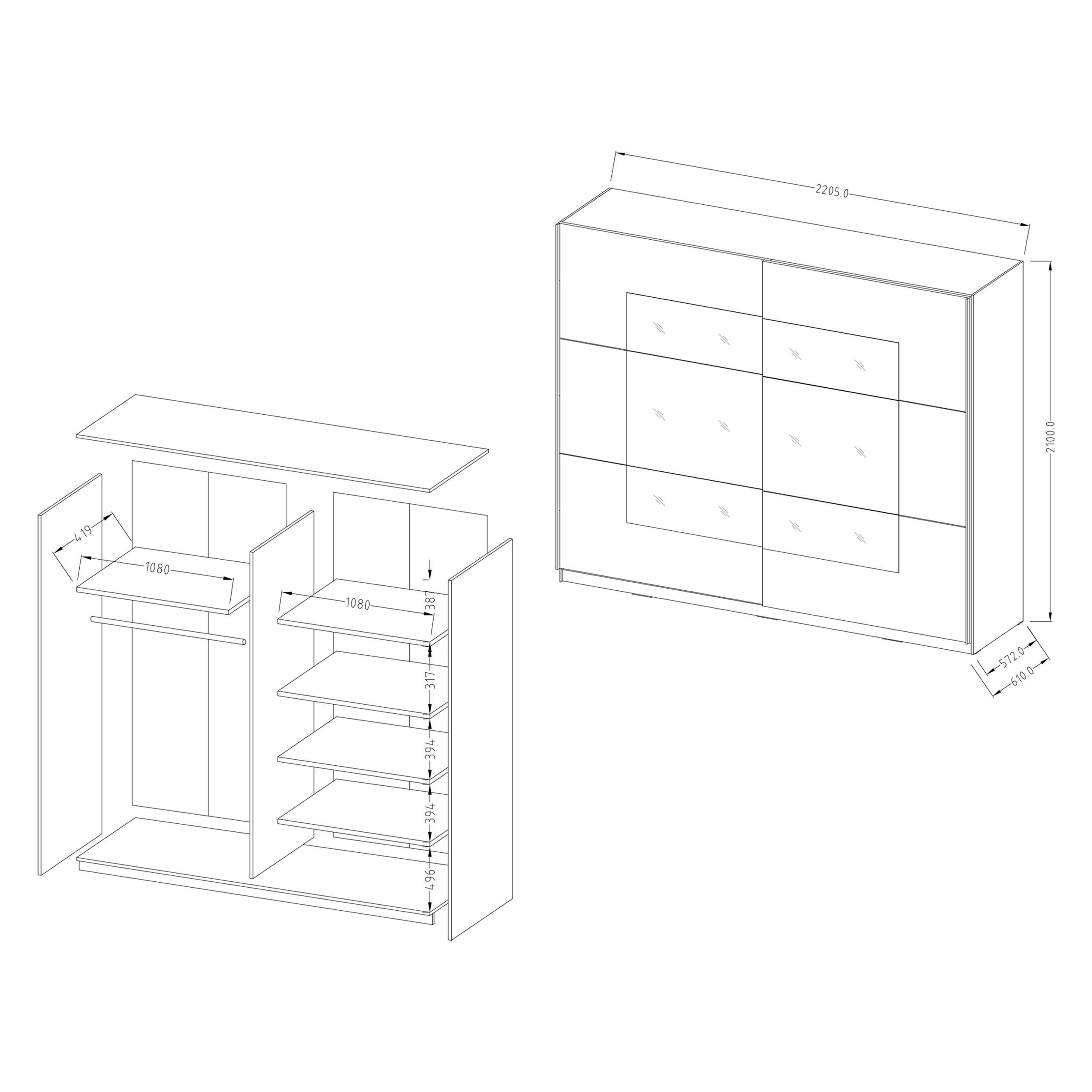 Thumbnail - Masseno Schwebetürenschrank, Eiche San Remo, Holzwerkstoff, 5 Fächer, Rechteckig, 221x210x61 cm, Schlafzimmer, Kleidersc...