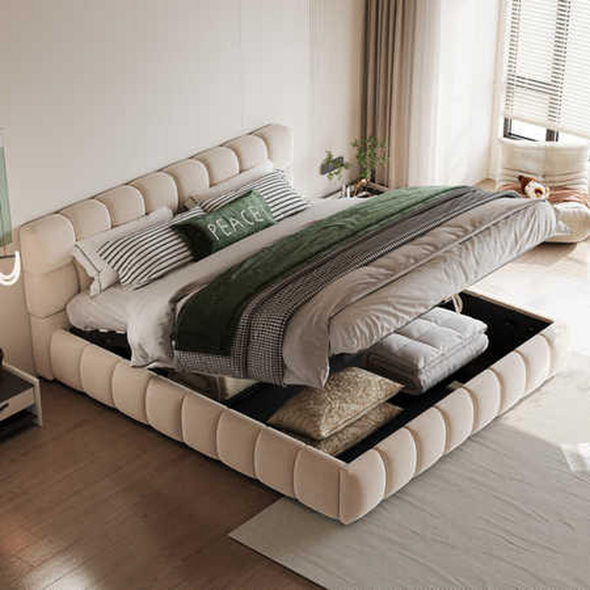 POLSTERBETT 140x190 Beige Samt Stauraum - Beige, Textil (140/190cm) - FLIEKS