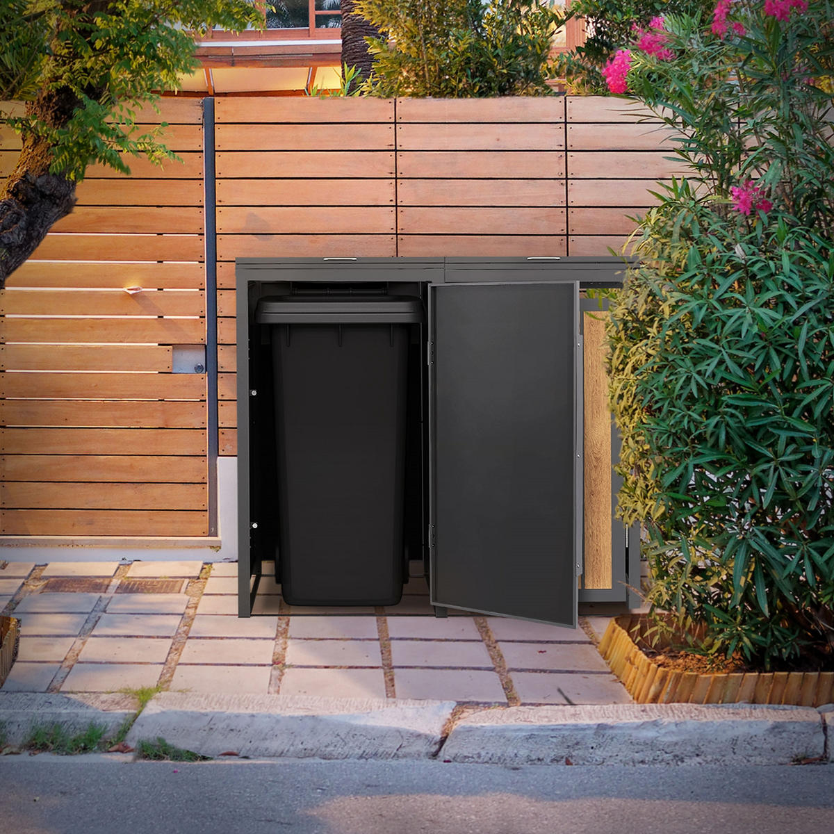 MÜLLTONNENBOX 2er 240L 132x80x120 cm Anthrazit-Eiche hell aus Stahl - Hellbraun, Metall (80/120/132cm) - ML-DESIGN