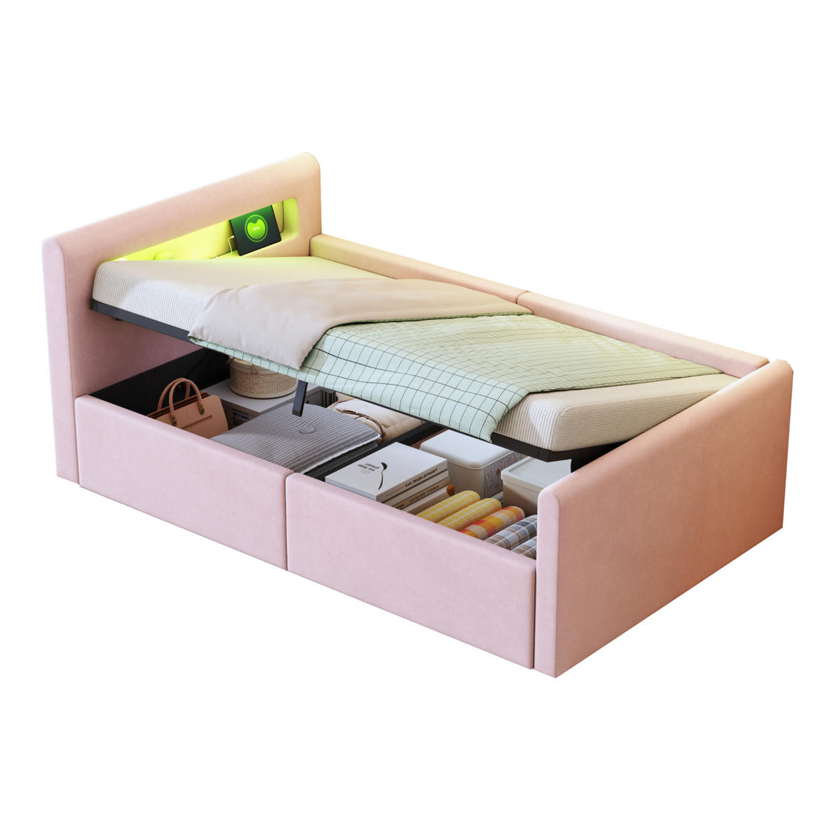KINDERBETT 90/200 cm aus Samtstoff mit LED-Beleuchtung, USB-Anschluss und Stauraum Rosa - Rosa, Textil (90/200cm) - Modenvie