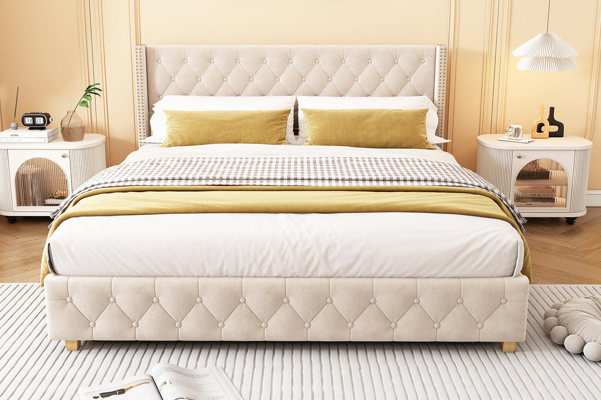 POLSTERBETT aus Samt 180x200 cm Hellbeige mit Knopfsteppung und Nieten - Beige, Textil (180/200cm) - IVMEU