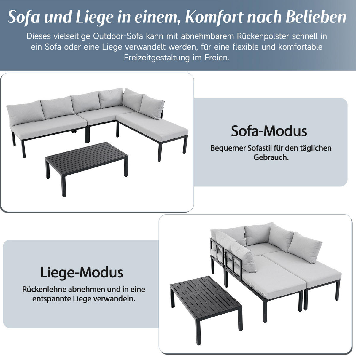 GARTENGARNITUR aus Polyester 6-Sitzer Grau mit modularem Sofa, abnehmbaren Rückenlehnen und Couchtisch - Grau, Metall - Modfu