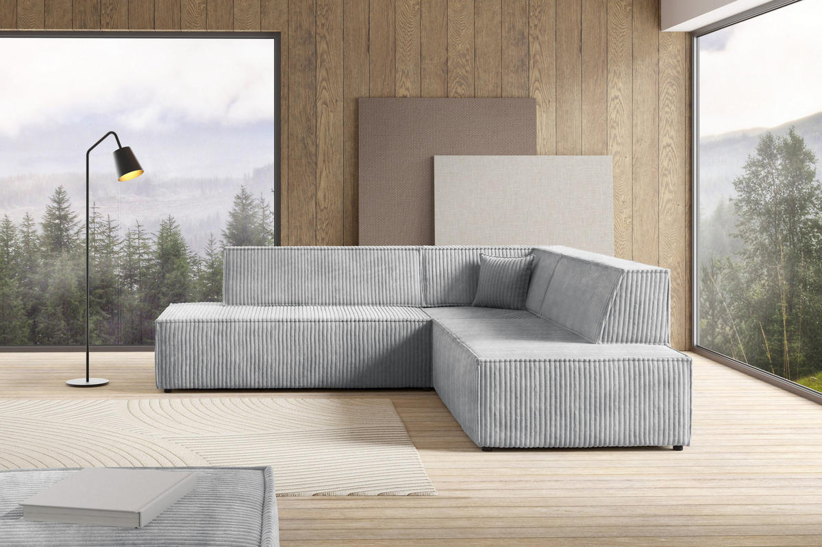 ECKSOFA TESSO II R-S Grau Kordstoff mit Schlaffunktion - Grau, Holz (254/254cm) - MASSENO