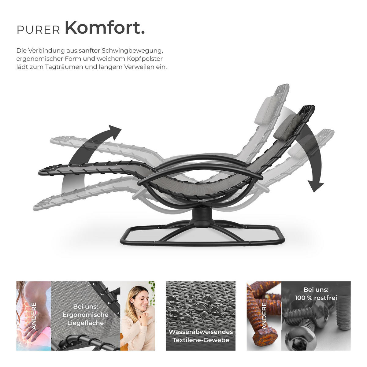 GARTENLIEGE 2er Set Toulon, ergonomisch, Schwingfunktion, 77 x 170 x 83 cm, grau - Grau, Textil (77/83/170cm) - tectake