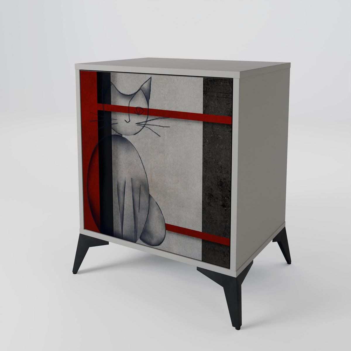 SIDEBOARD GRAY FIGURES, Grau, 57,5x42x72,5 cm, Schwarze Metallfüße - Multicolor/Schwarz, Holzwerkstoff/Metall (57.5/72.5/42cm) - SpaceRebels
