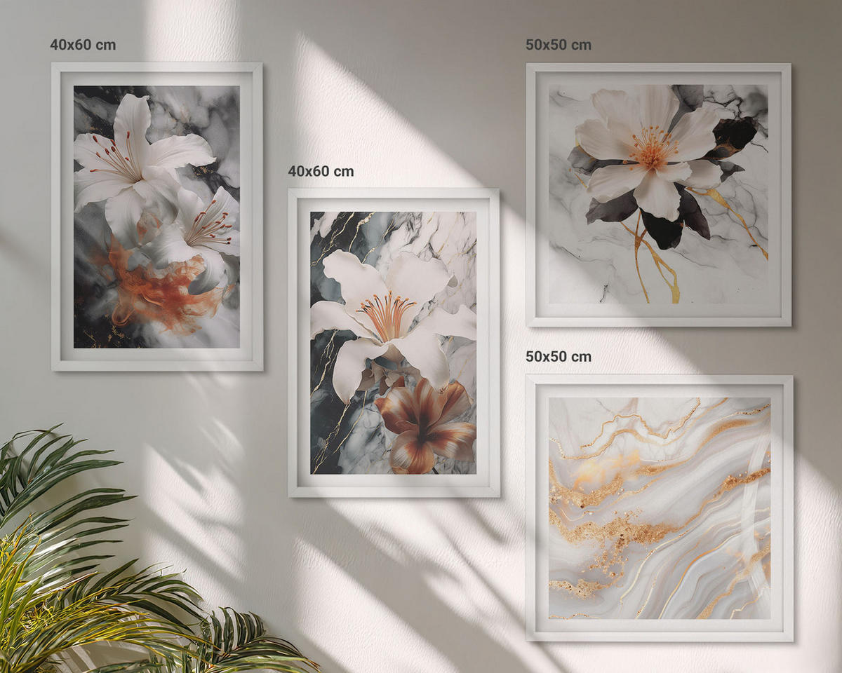 BILDER SET 4er Set - 50x50 cm & 40x60 cm Weißer Rahmen - Blumen Marmor weiß schwarz - Weiß, Kunststoff (50/50cm) - TULUP
