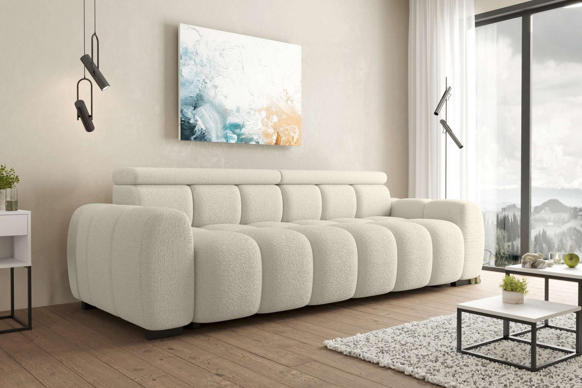 BIGSOFA ALESSIO Bouclé-Stoff Weiß mit elektrischer Sitztiefenverstellung - Weiß, Kunststoff/Textil (248/77/108cm) - 99rooms