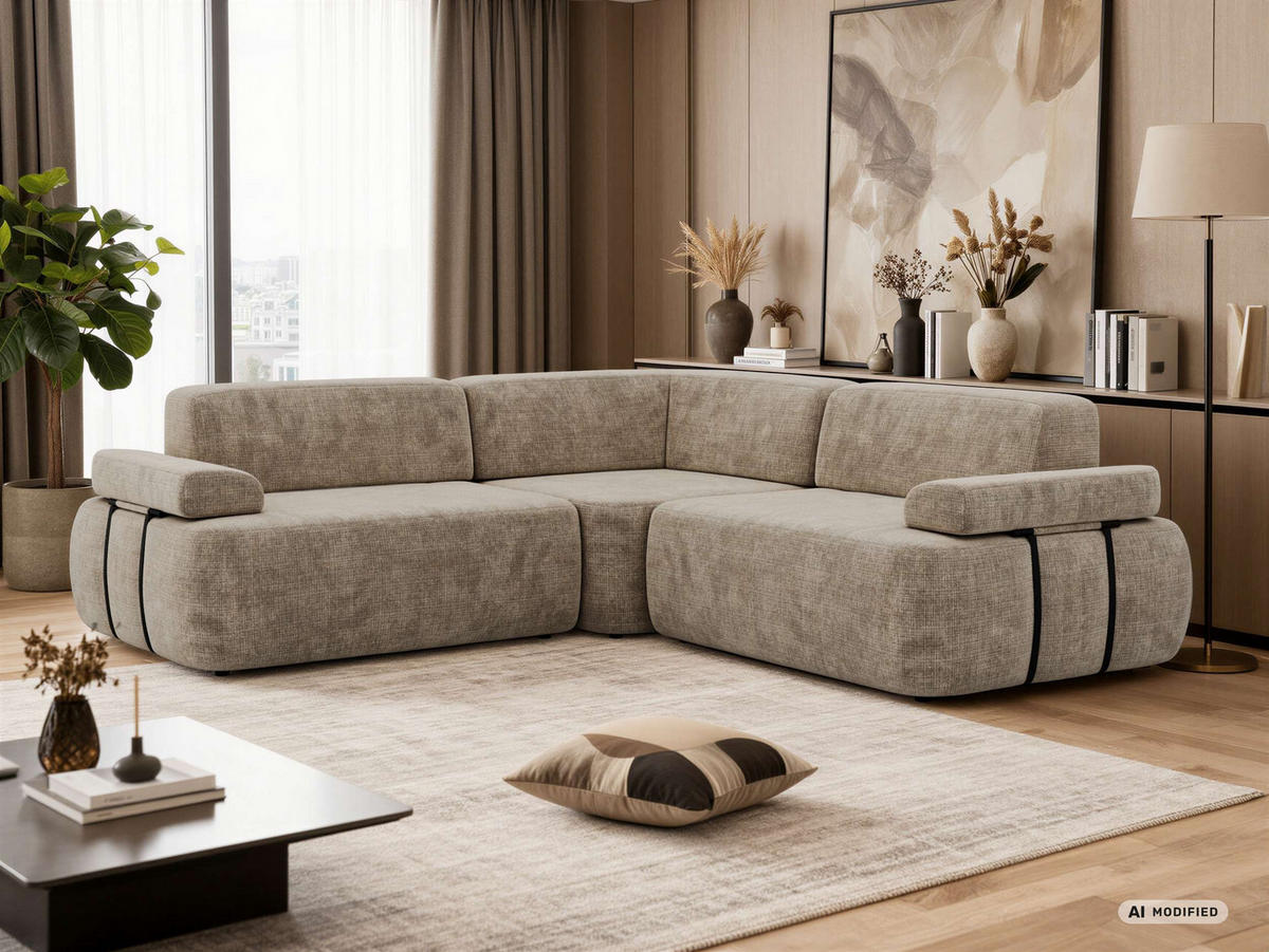 ECKSOFA MIREO L - Beige Schenille grob gewebt - Beige/Schwarz, Kunststoff/Textil (257/257cm) - MKS