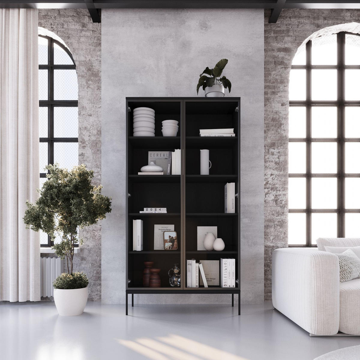 VITRINE Schwarz Industrial Mit Glastüren Auf Metallbeinen - Schwarz, Holzwerkstoff (100/190/41cm) - Sepro Meble