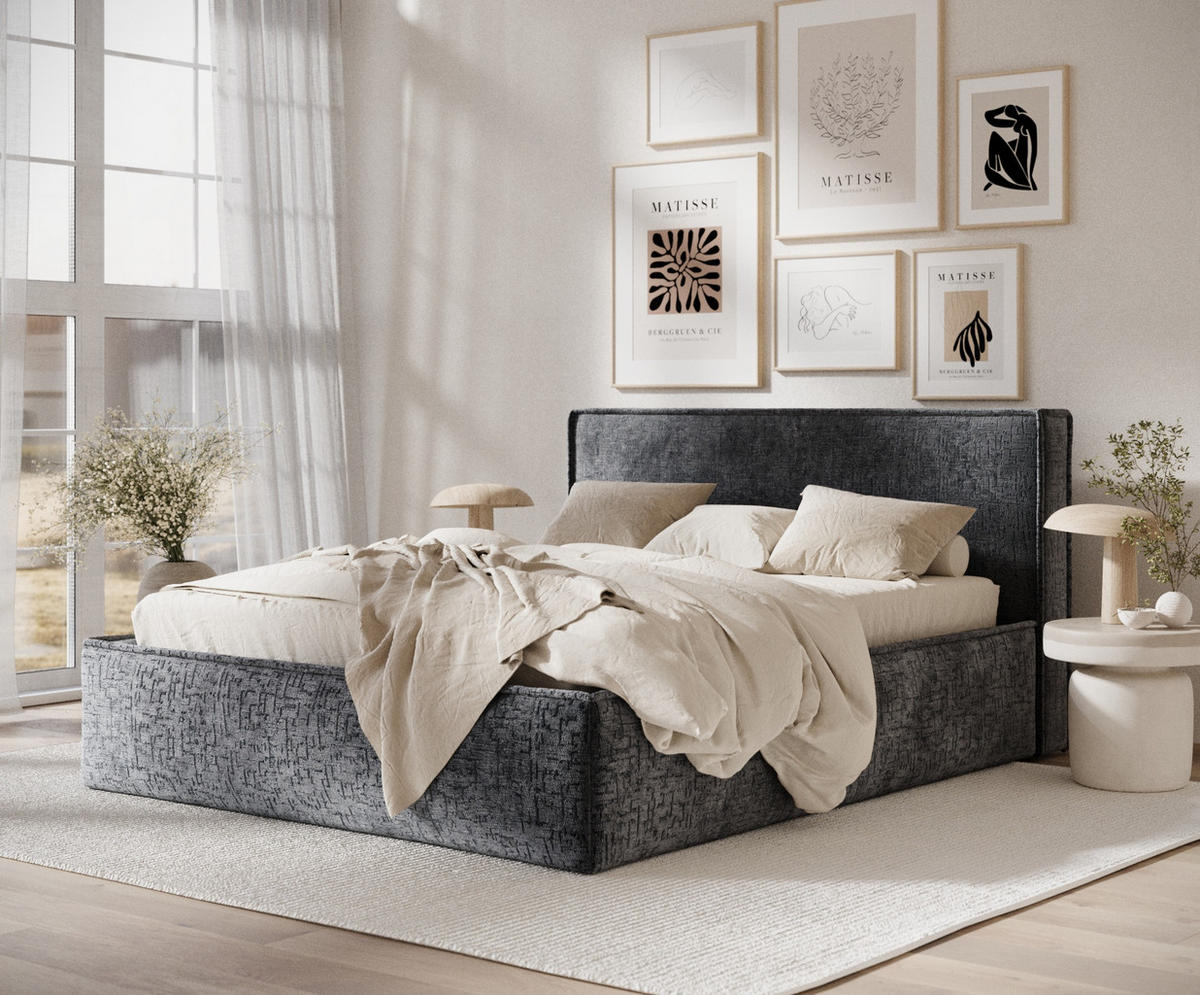 POLSTERBETT Lounge Anthrazit 120/200 cm im Chenille-Stoff - Anthrazit/Naturfarben, Holz/Holzwerkstoff (120/200cm) - Maison de Reve
