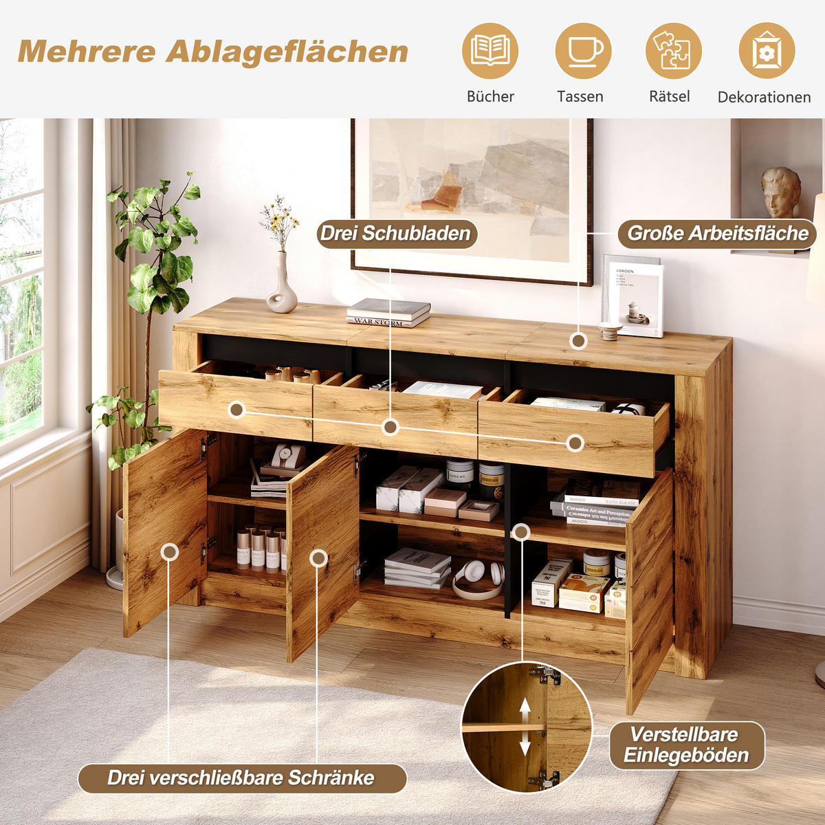 SIDEBOARD Wellenoptik 3 Schubladen 9 Fächer 135cm Naturholz - Naturfarben, Holzwerkstoff (135/70/35cm) - FLIEKS