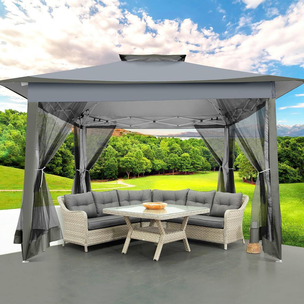 PAVILLON 3,65 x 3,65 m Dunkelgrau mit Moskitonetz - Grau, Textil (365/275/365cm)