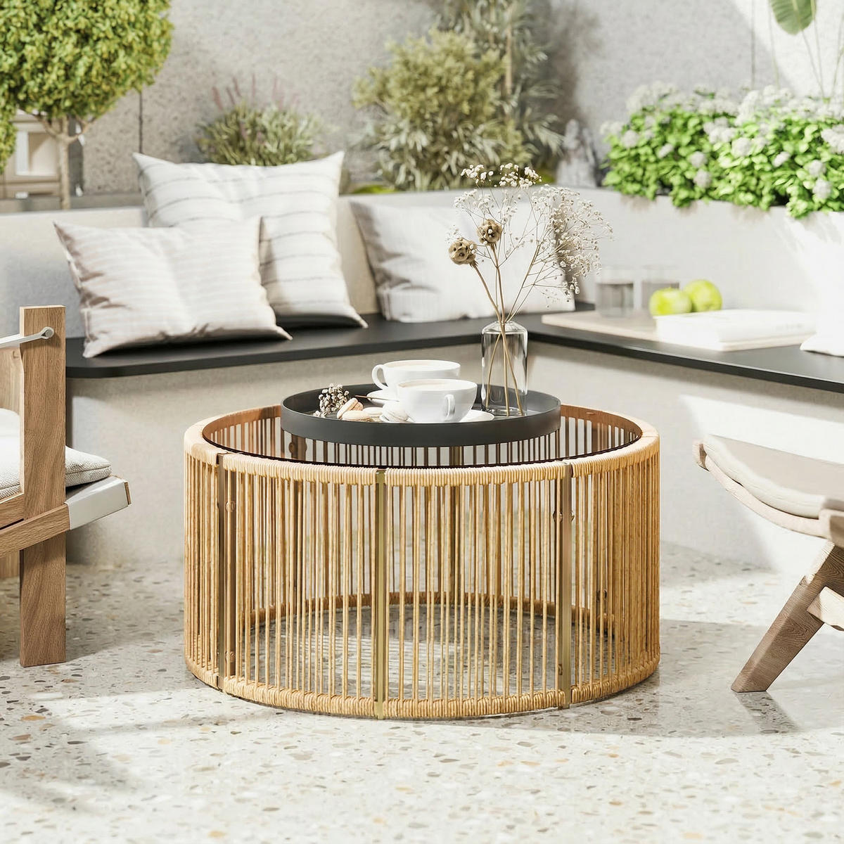 BEISTELLTISCH aus PE-Rattan 70/70/33 cm Braun - Braun, Kunststoff/Metall (70/70/33cm) - Outsunny