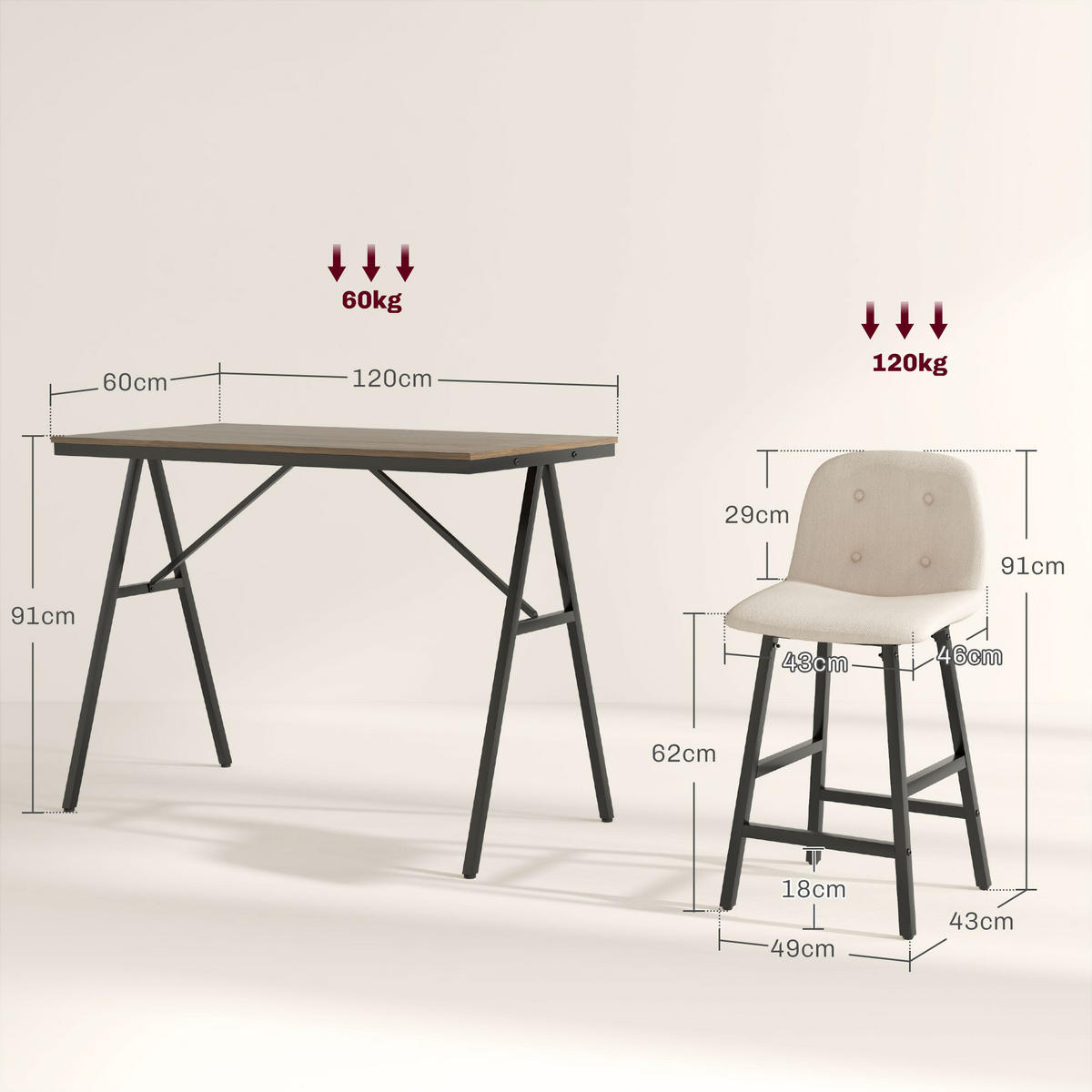 BARTISCH mit Barhocker Set, 5-teilig Essgruppe, Küchentisch, Bartisch Set, Beige - Beige, Textil (60/91/120cm) - HOMCOM