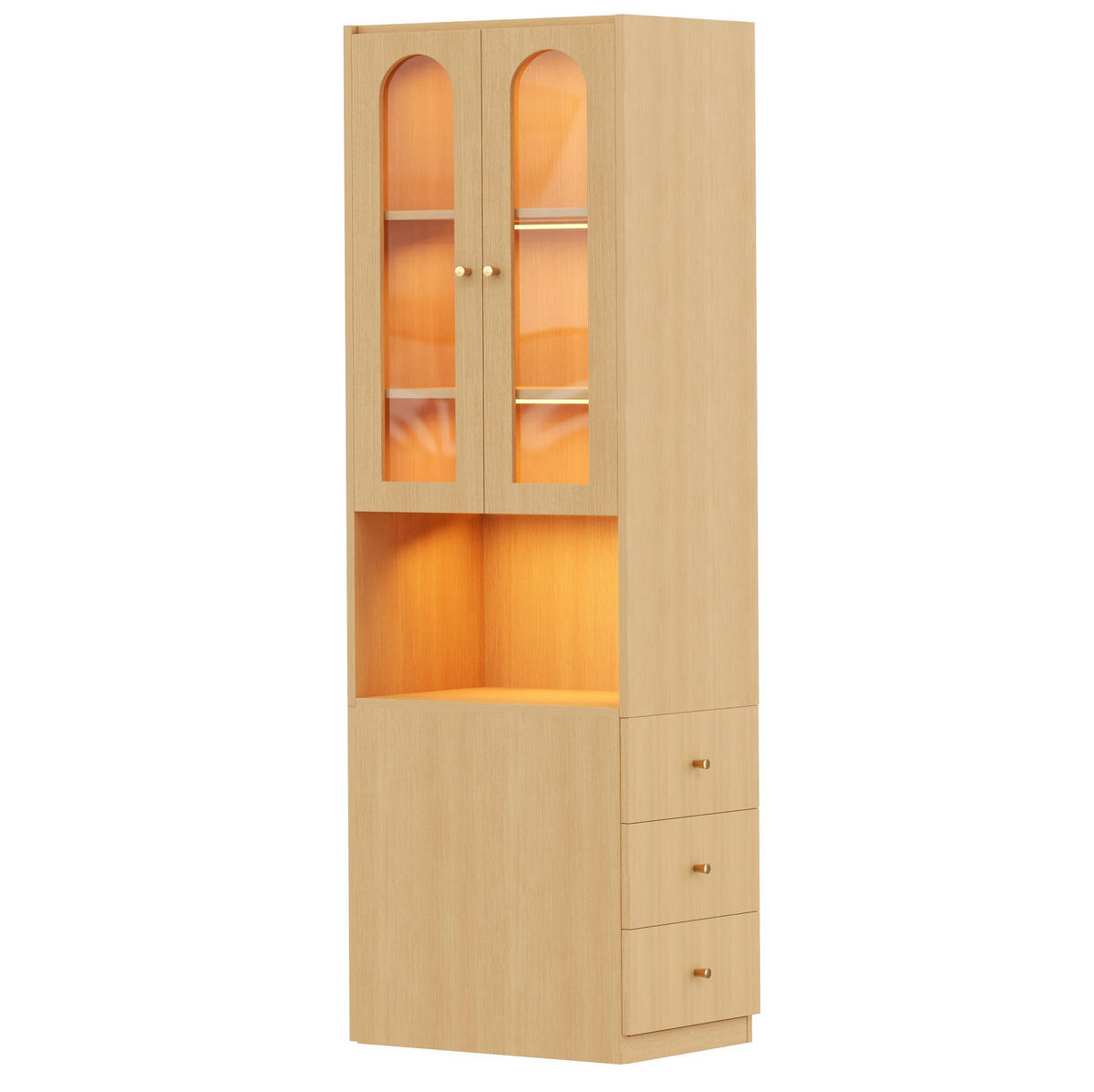 KNIHOVNA z MDF 60x40x200 cm v dekoru dubu s LED vitrínou z tvrzeného skla a bočními zásuvkami - barva dubu, kompozitní dřevo (60/200/40cm) - Modfu