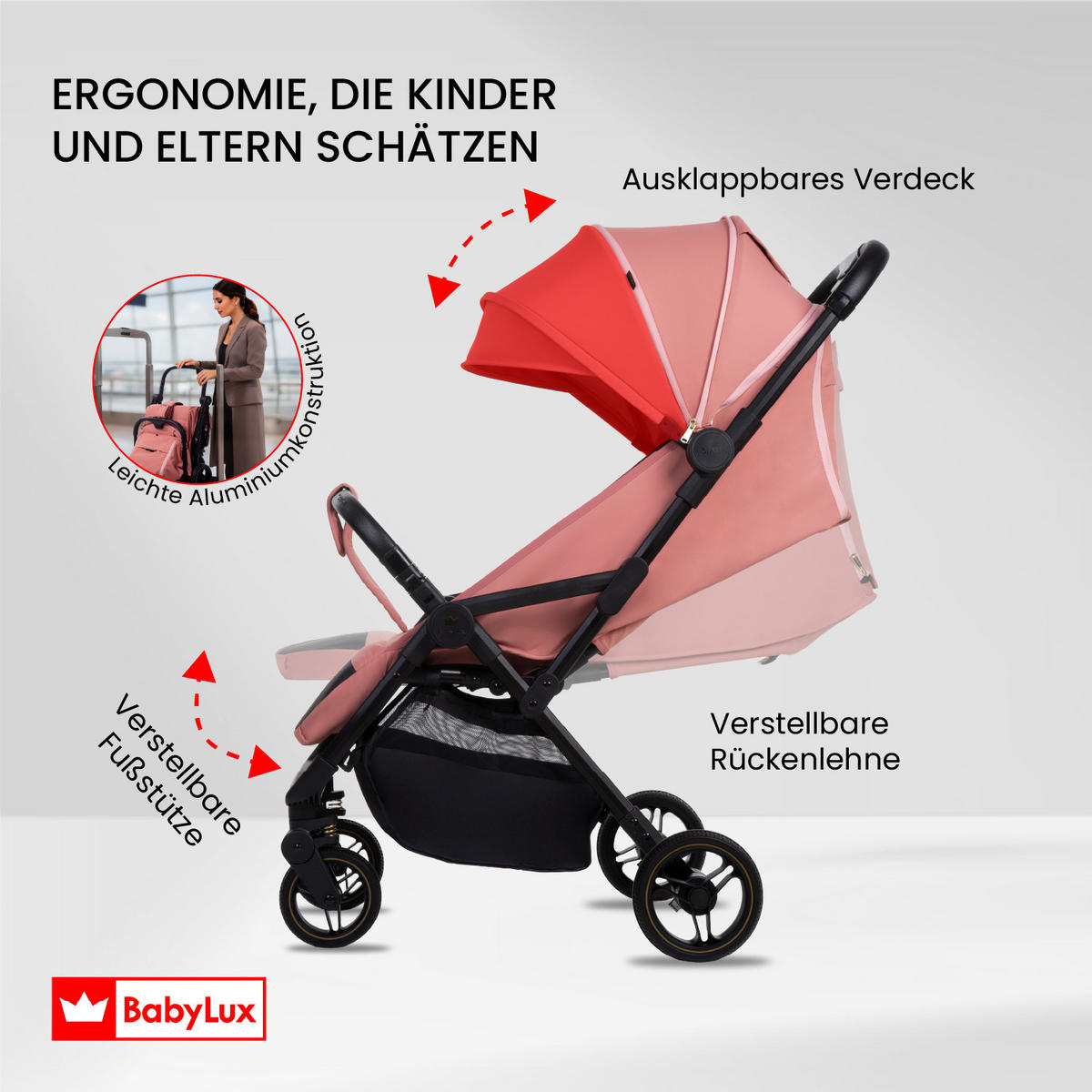 BUGGY Giau, Klein und Leicht, Teleskopische Führung, Kompakt Faltbar, Wickeltasche, Reisetasche - Schwarz/Rosa, Textil/Metall (58/98cm) - BabyLux