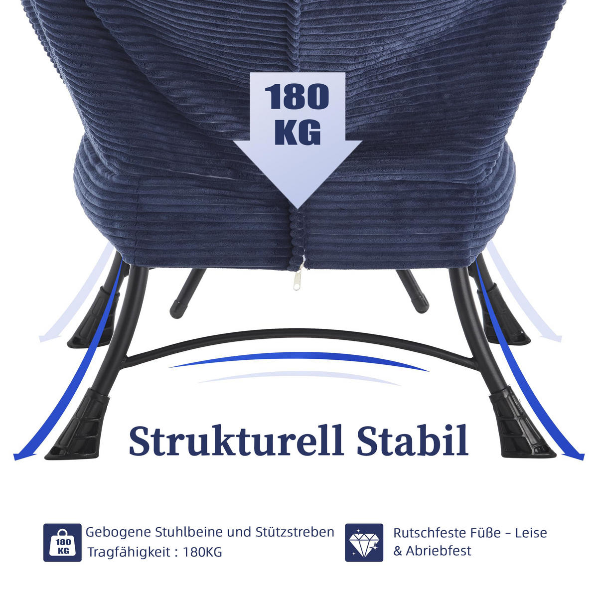 LOUNGESESSEL Relaxsessel mit Hocker,dicke Polsterung,Blau - Blau, Metall (70/95/64cm) - LVHOM