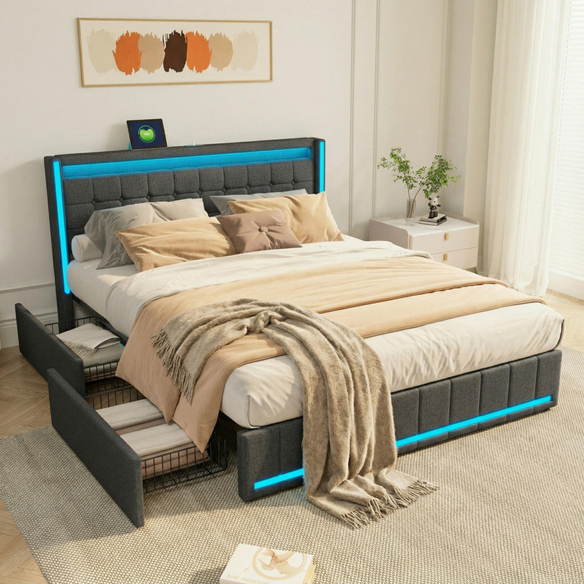POLSTERBETT 140/200 cm dunkelgrau mit Schubladen, LED und USB - Grau, Holz