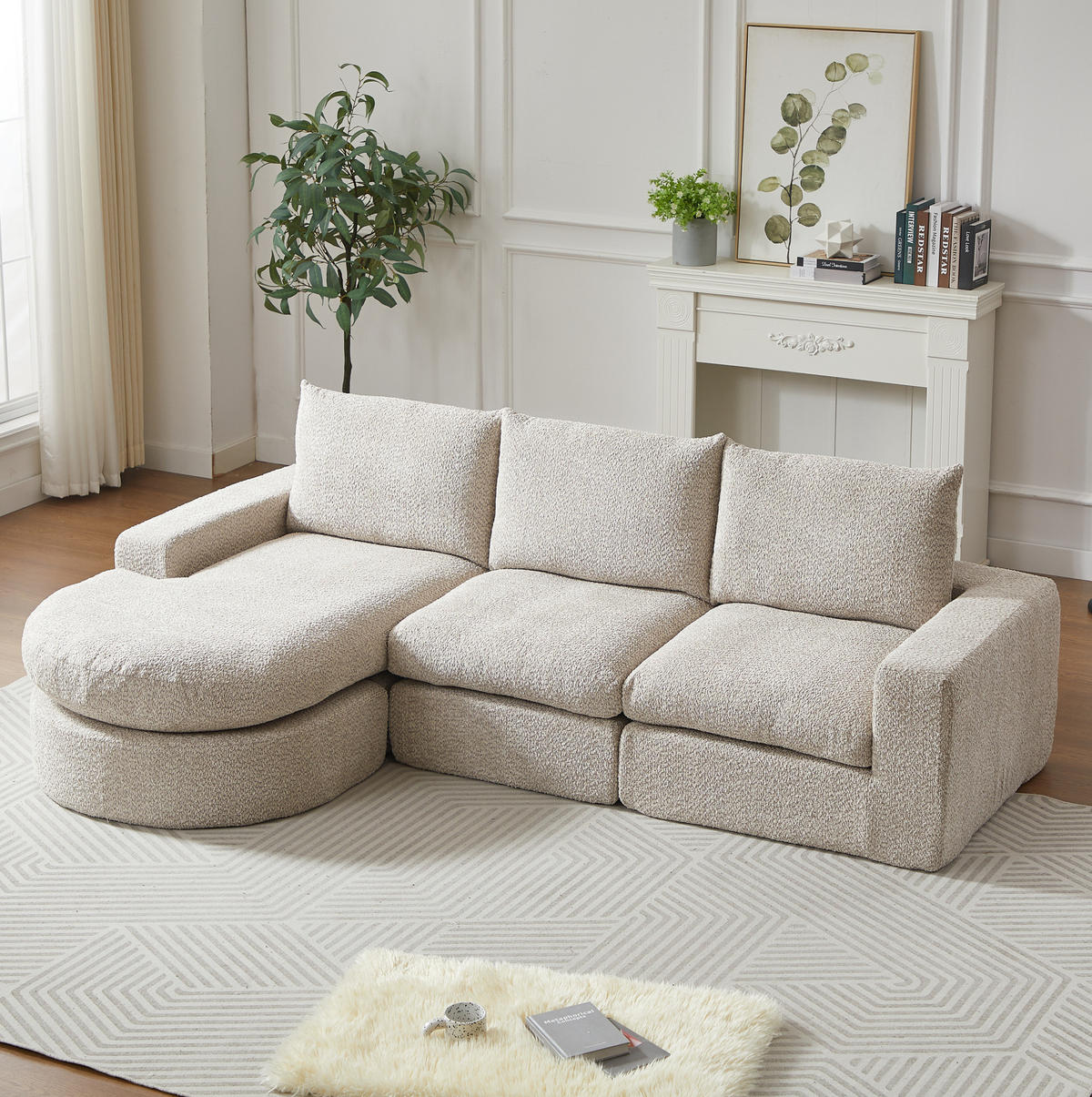 ECKSOFA 251/160/80 cm Sofa beige aus Chenille mit Chaiselongue und Kissen - Beige, Textil (160/251cm) - OKWISH