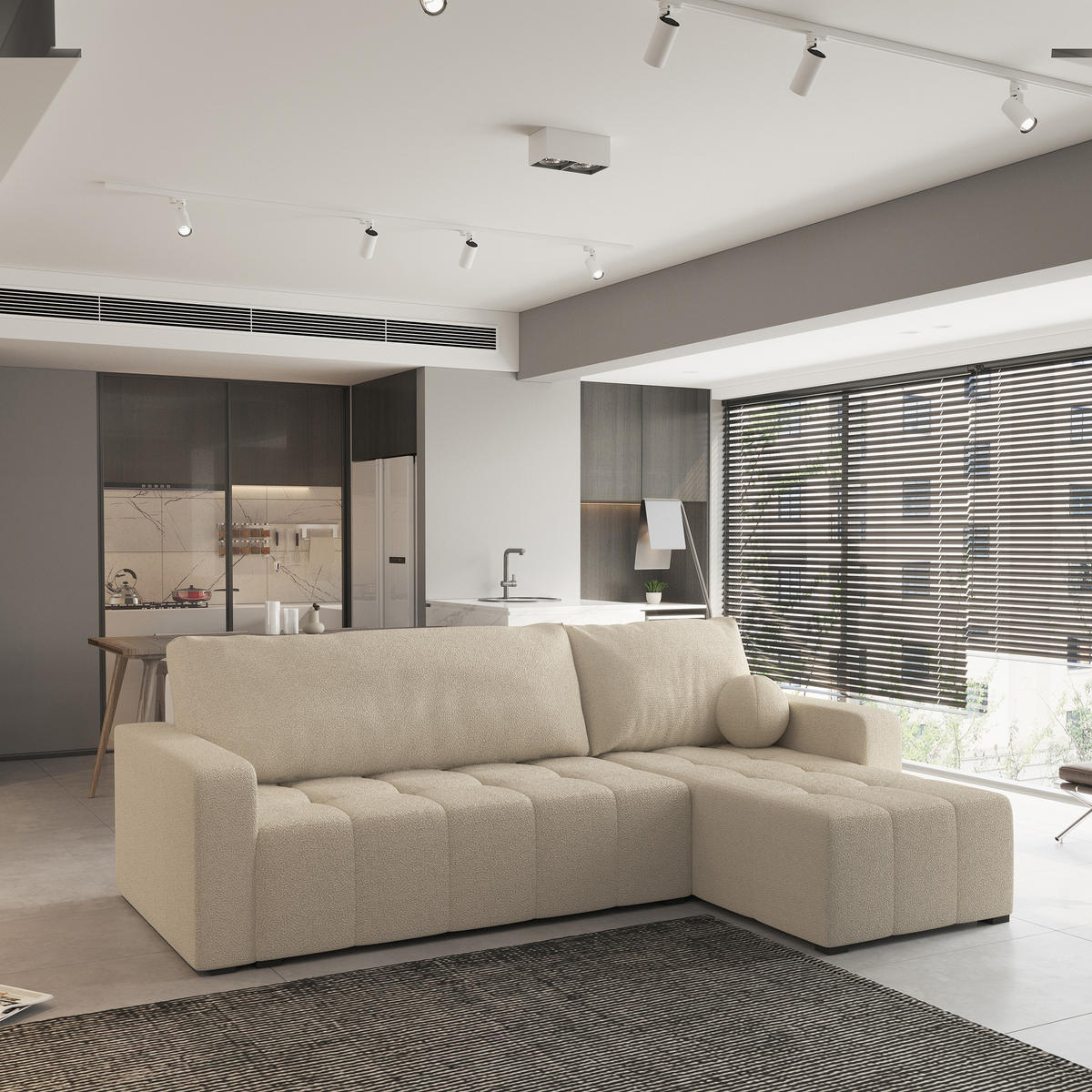 ECKSOFA VOLIRA Beige Boucle-Stoff mit Schlaffunktion - Beige, Holz (230/143cm) - MASSENO