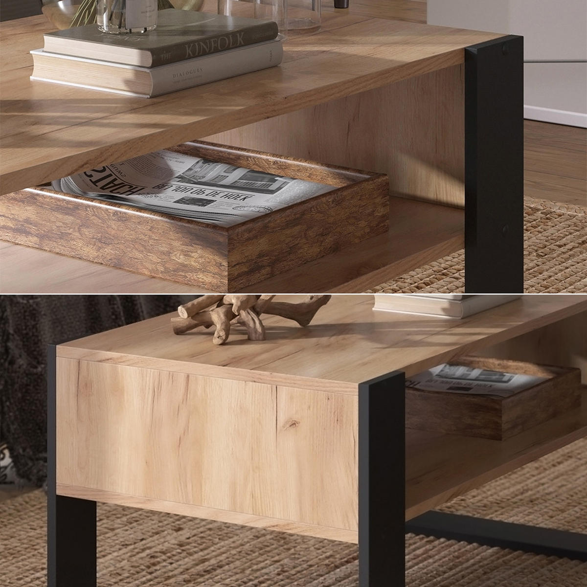 COUCHTISCH Olli Goldkraft Eiche 92 x 52,4 cm mit Ablage - Eiche Wotan/Schwarz, Holzwerkstoff (52.4/92/45.6cm) - Vicco