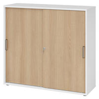 SCHIEBETÜRENSCHRANK - 3 Ordnerhöhen 40/120/110 cm in Weiß/Eichefarben Streifengriff (Kunststoff) - Eichefarben/Weiß, Holzwerkstoff (120/110/40cm) - bümö