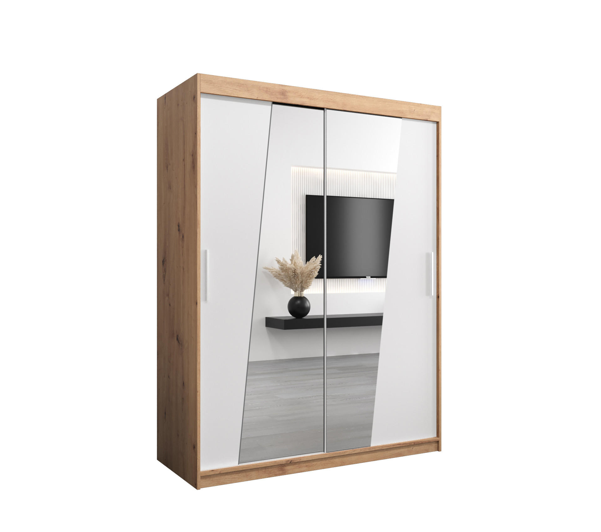 SCHWEBETÜRENSCHRANK 200/150/62 2-türig - Silberfarben/Weiß, Holz/Kunststoff (150/200/62cm) - Abiks Möbel