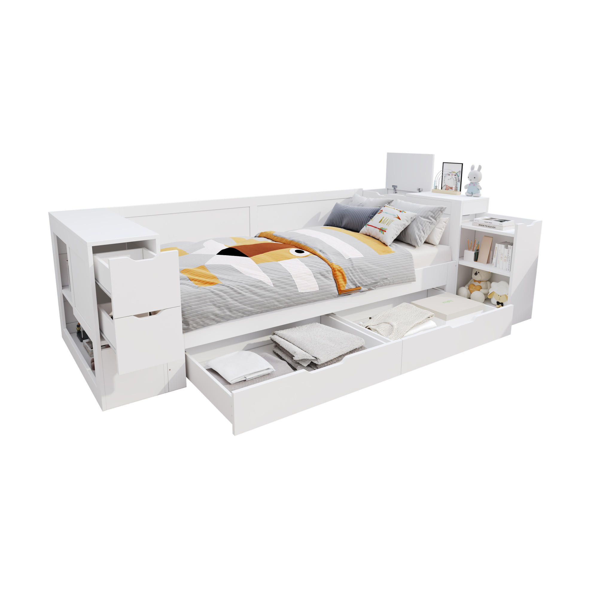 KINDERBETT 90/190 cm mit Schubladen und seitlichem Stauraum aus MDF, Weiß - Weiß, Holzwerkstoff (90/190cm) - Redom