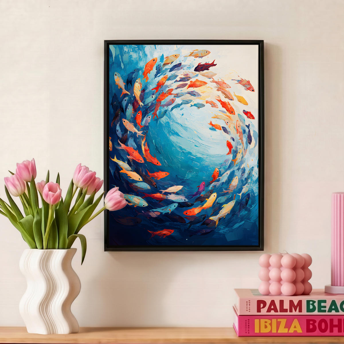LEINWAND Bilder mit Rahmen - Meer - Fische - Bunt - Dynamisch - 30x40 - Hellblau, Textil (30/40cm) - MuchoWow