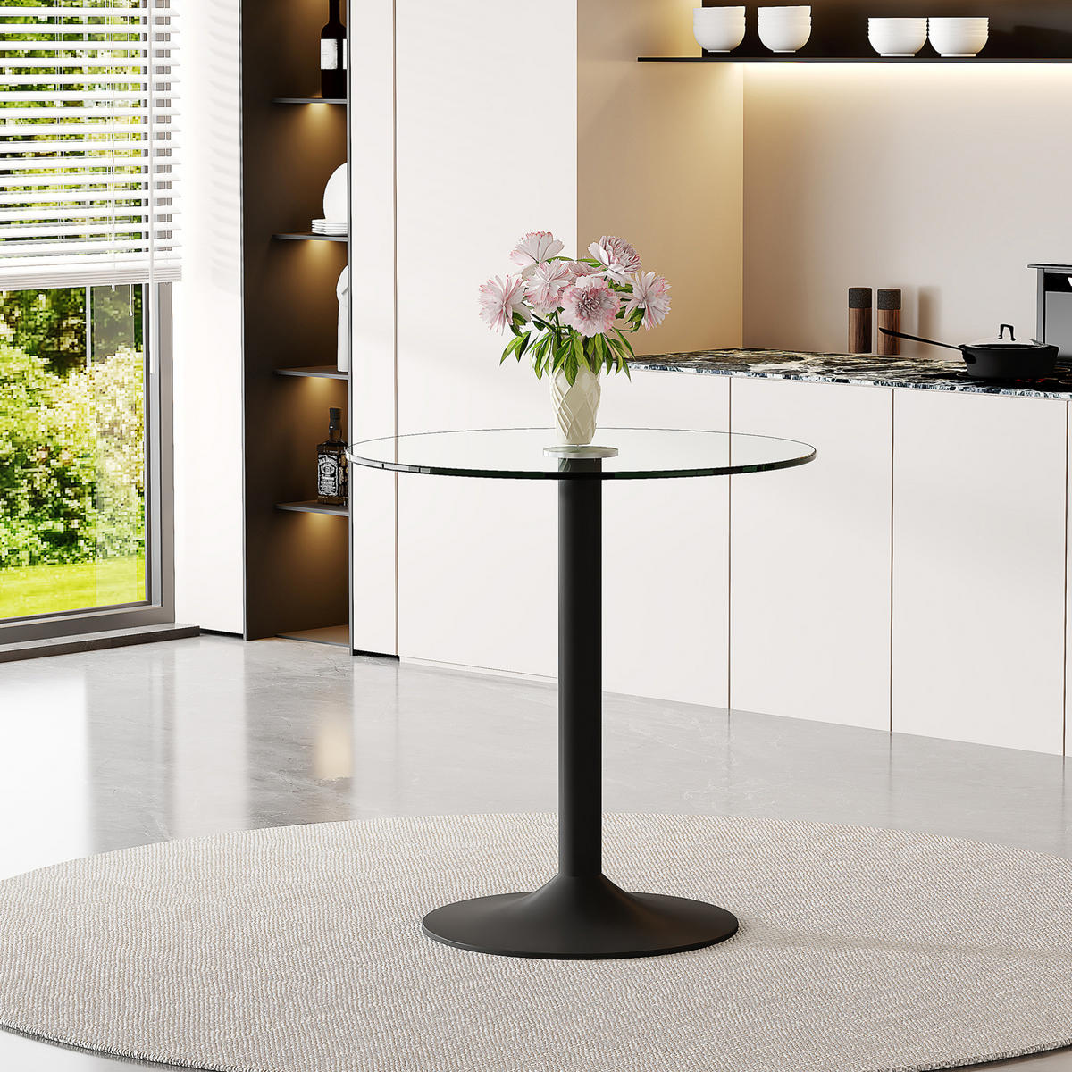 RUNDER Bartisch 89/89 cm, Höhe 92 cm mit Glasplatte und schwarzem Metallgestell - Schwarz, Holzwerkstoff (89/89/92cm) - BEAOK