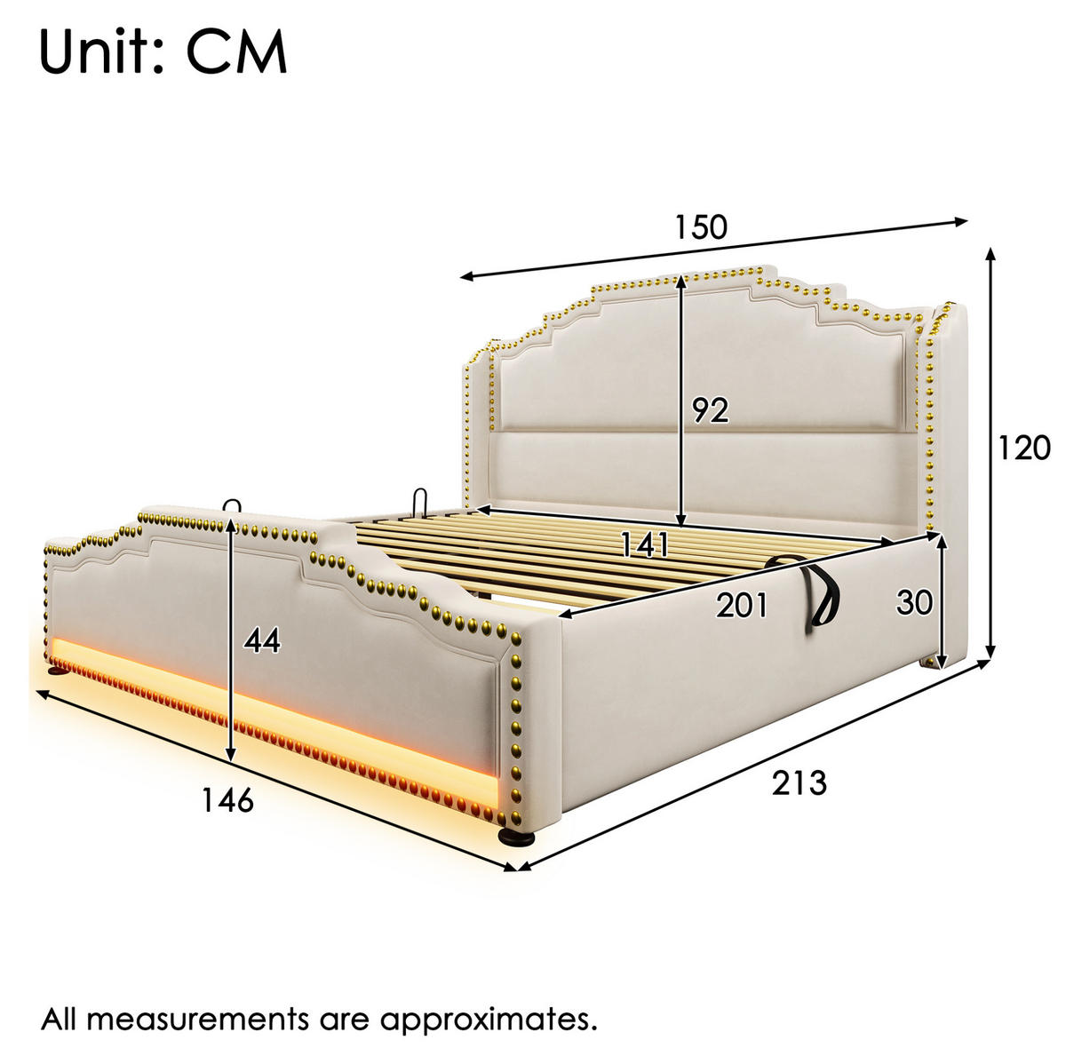POLSTERBETT 140/200 cm mit hydraulischem Bettkasten, LED & USB/USB‑C, Samt Beige - Beige, Textil (140/200cm) - Redom