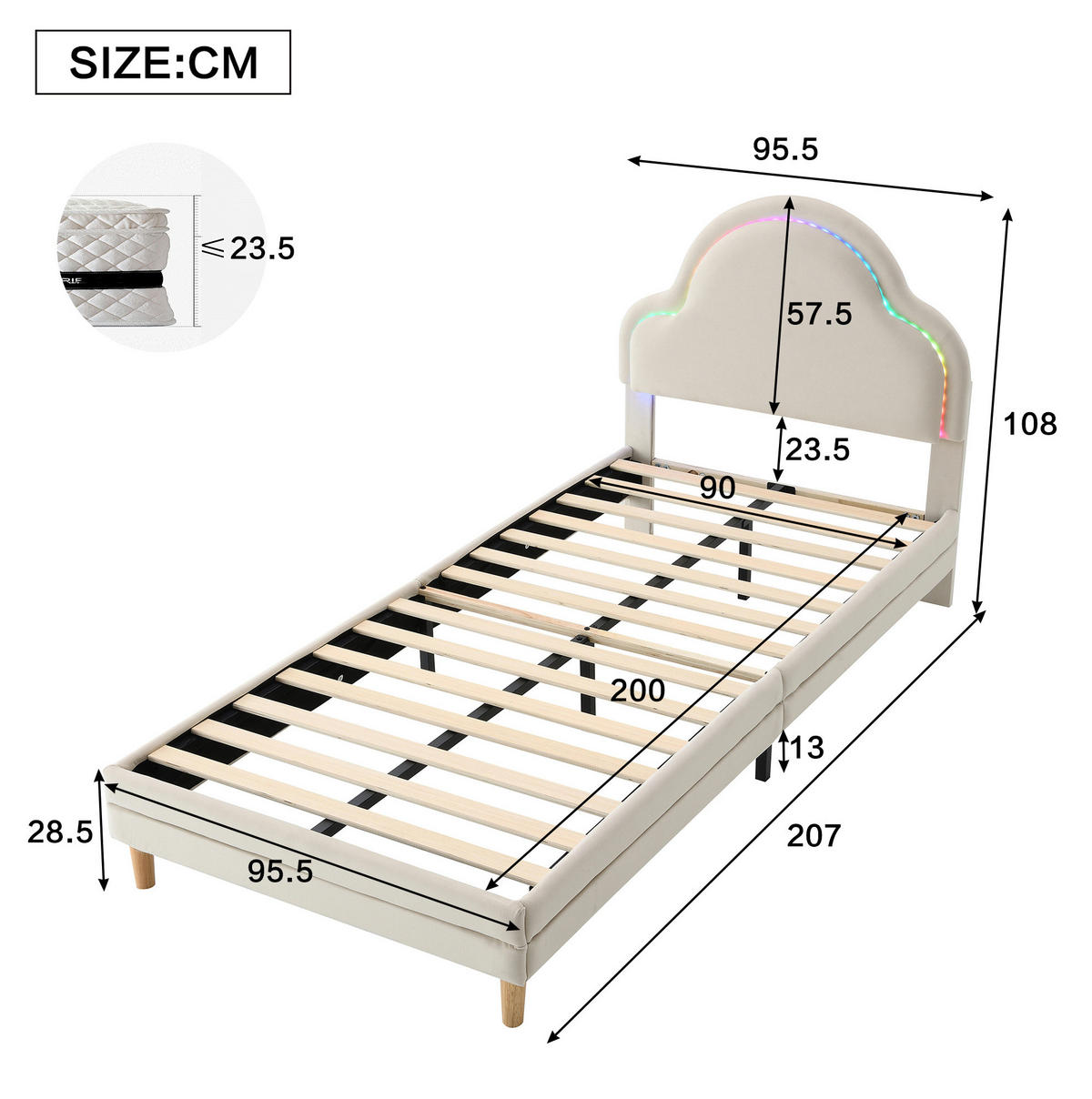KINDERBETT Polsterbett 90/200 cm aus Samt mit wolkenförmigem LED-Kopfteil Beige - Beige, Textil (90/200cm) - Modenvie