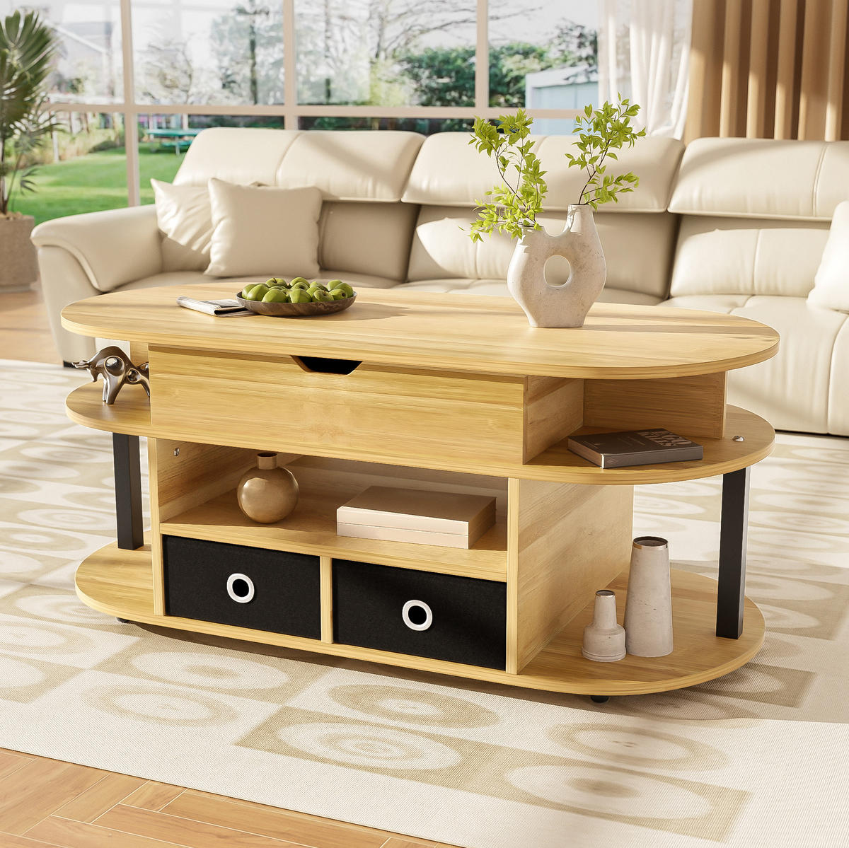 COUCHTISCH aus Spanplatte 105x50x45/60 cm Holzfarbe Schwarz mit Hebefunktion und Stoffschubladen - Naturfarben, Holzwerkstoff (105/50/60cm) - IVMEU