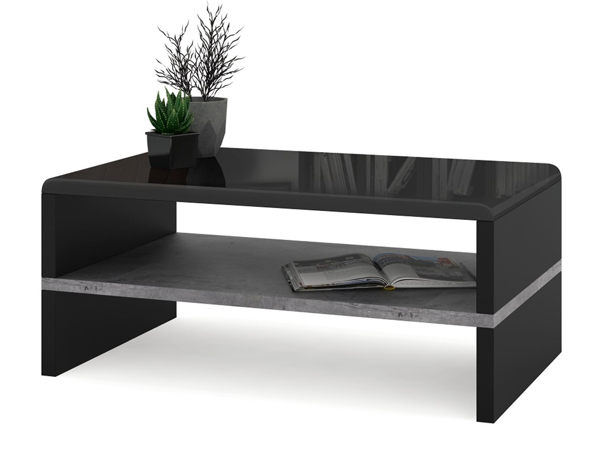 COUCHTISCH rechteckig Schwarz Hochglanz Beton mit Ablage - Schwarz Hochglanz/Hellgrau, Holzwerkstoff (60/100/43cm) - designimpex