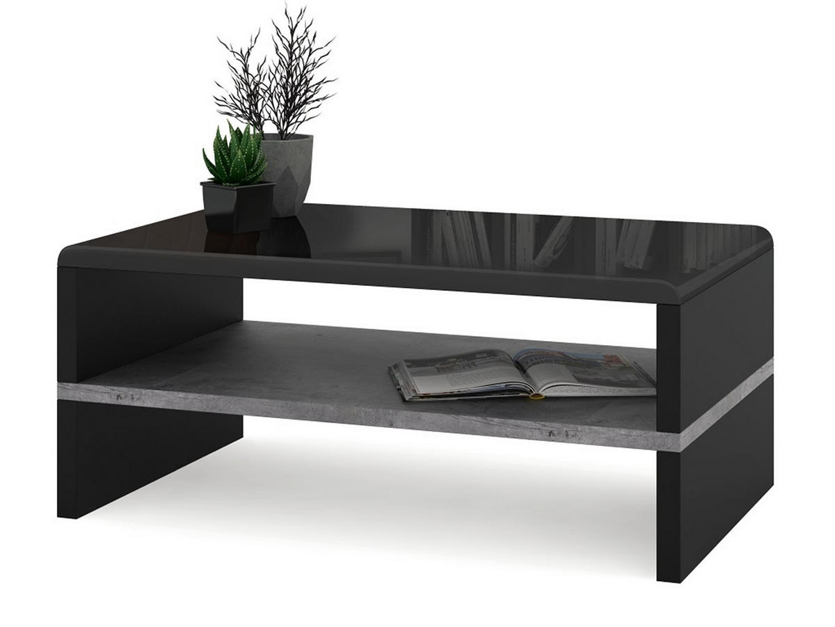 COUCHTISCH rechteckig Schwarz Hochglanz Beton mit Ablage - Schwarz Hochglanz/Hellgrau, Holzwerkstoff (60/100/43cm) - designimpex