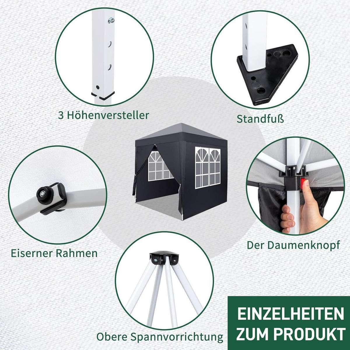 FALTPAVILLON 2 x 2 m Grau mit 4 Seitenteilen - Schwarz, Textil (200/255/200cm)