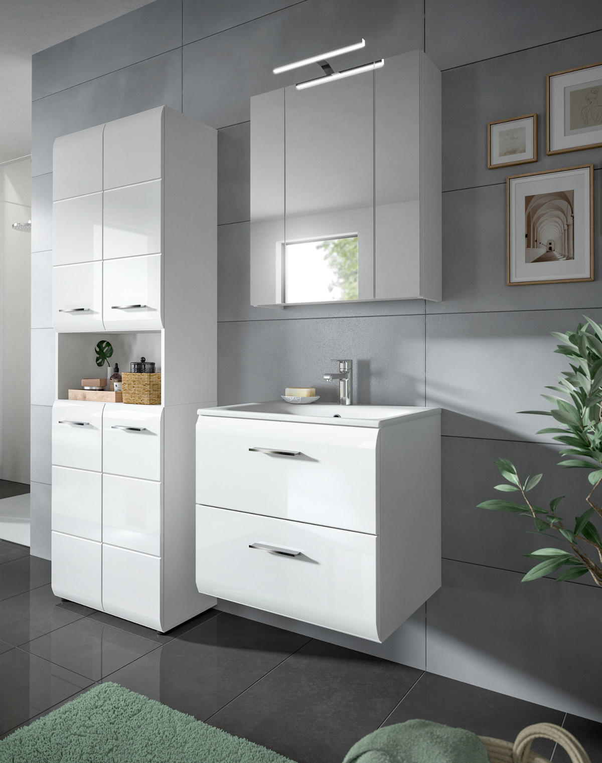 WASCHBECKENUNTERSCHRANK inklusive Waschbecken weiß Hochglanz, Waschtisch hängend - Weiß Hochglanz, Keramik/Holzwerkstoff (60/55/46cm) - Inn.Furn