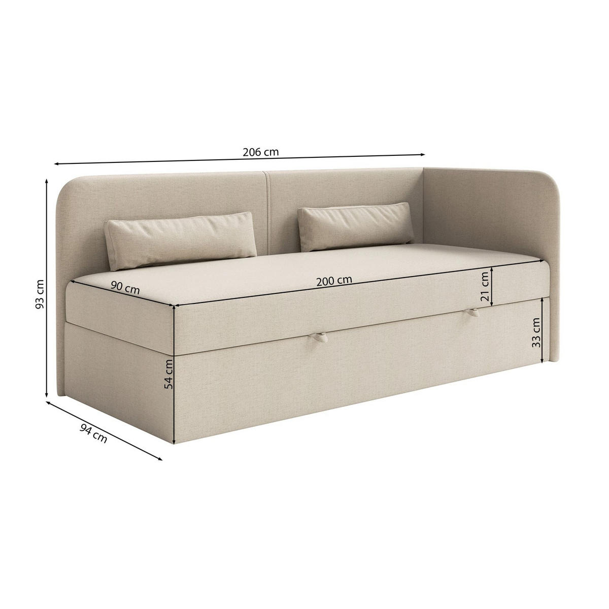 JUGENDBETT Calmmo Hellbeige mit Chenille-Bezug, Kopfteil rechts - Ecru, Textil (90/200cm) - Selsey
