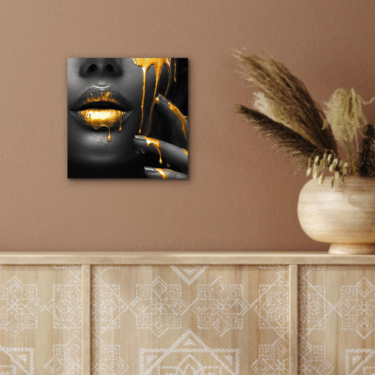 METALLBILD Frau - Schwarz - Gold - Gesicht - Lippen 20x20 cm - Goldfarben, Metall (20/20cm) - MuchoWow