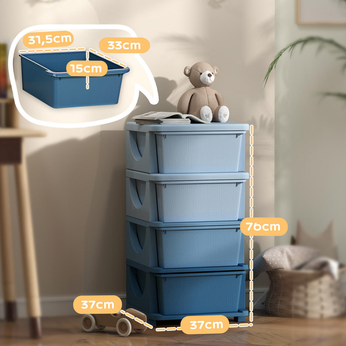 AUFBEWAHRUNGSBOXEN für Kinder, 4 große Schubladen, Kunststoff, Blau - Blau, Kunststoff (37/76/37cm) - HOMCOM