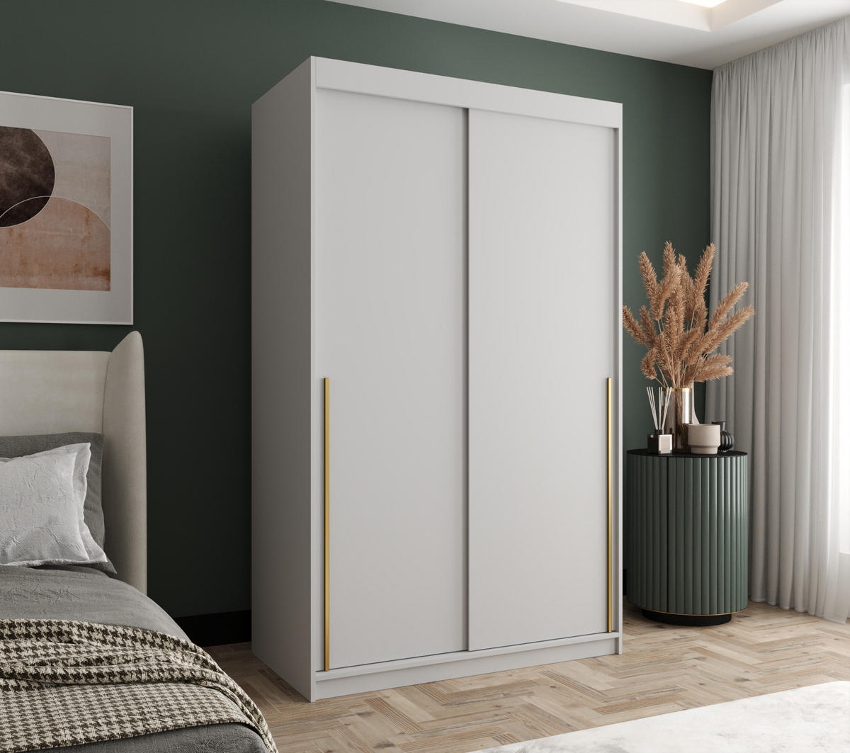 SCHIEBETÜRENSCHRANK 120 cm Breite, weiß mit goldenem Griff - Goldfarben/Weiß, Holzwerkstoff (120/200/62cm) - Home Collective