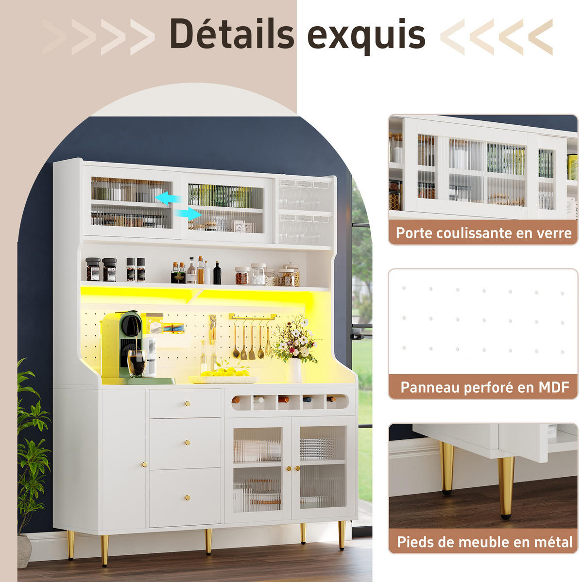 BUFFET 145/171/39 cm Weiß aus MDF und Glas mit LED-Beleuchtung - Weiß, Glas (39/171/145cm) - OKMYHOME