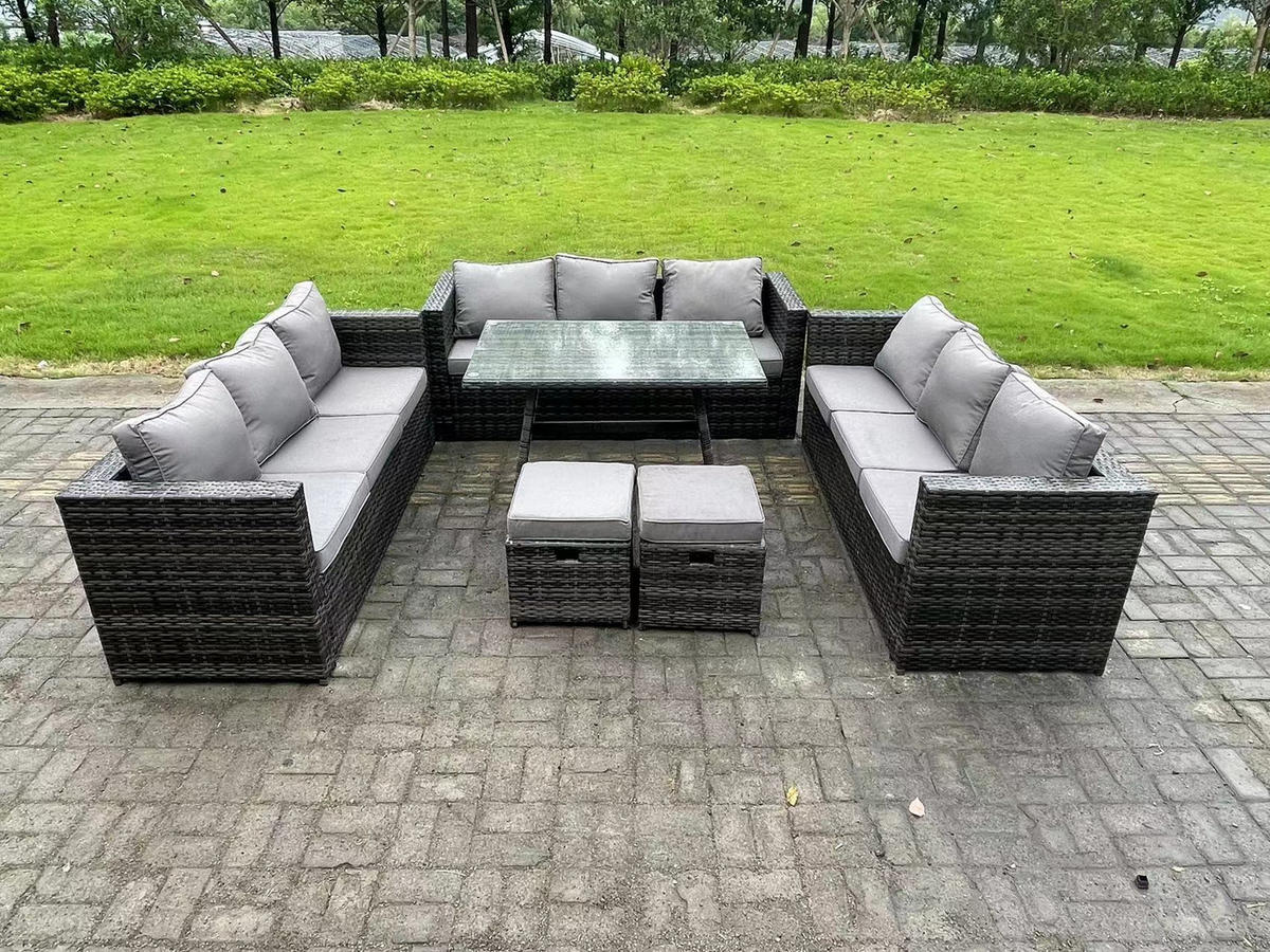 GARTENMÖBELSET mit Esstisch,Stuhl 11-Sitzer Grau - Dunkelgrau/Grau, Glas/Kunststoff - Fimous