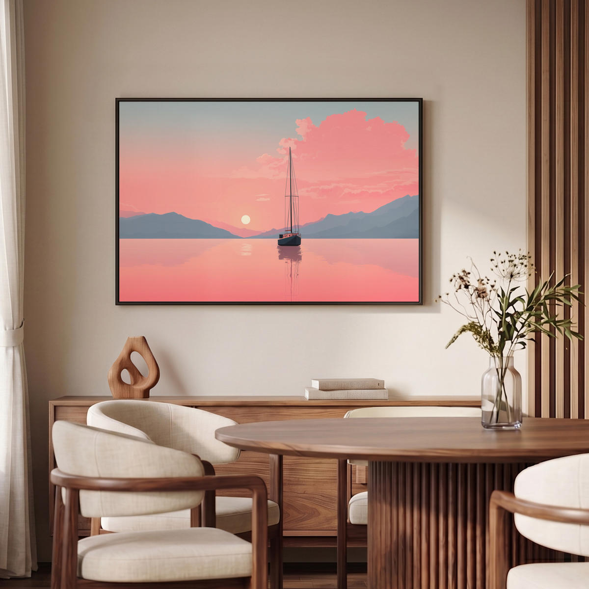 LEINWAND Bilder mit Rahmen - Segelboot - Rosa Meer - Sonnenuntergang - Berge - 90x60 - Rosa, Textil (90/60cm) - OnlyWow