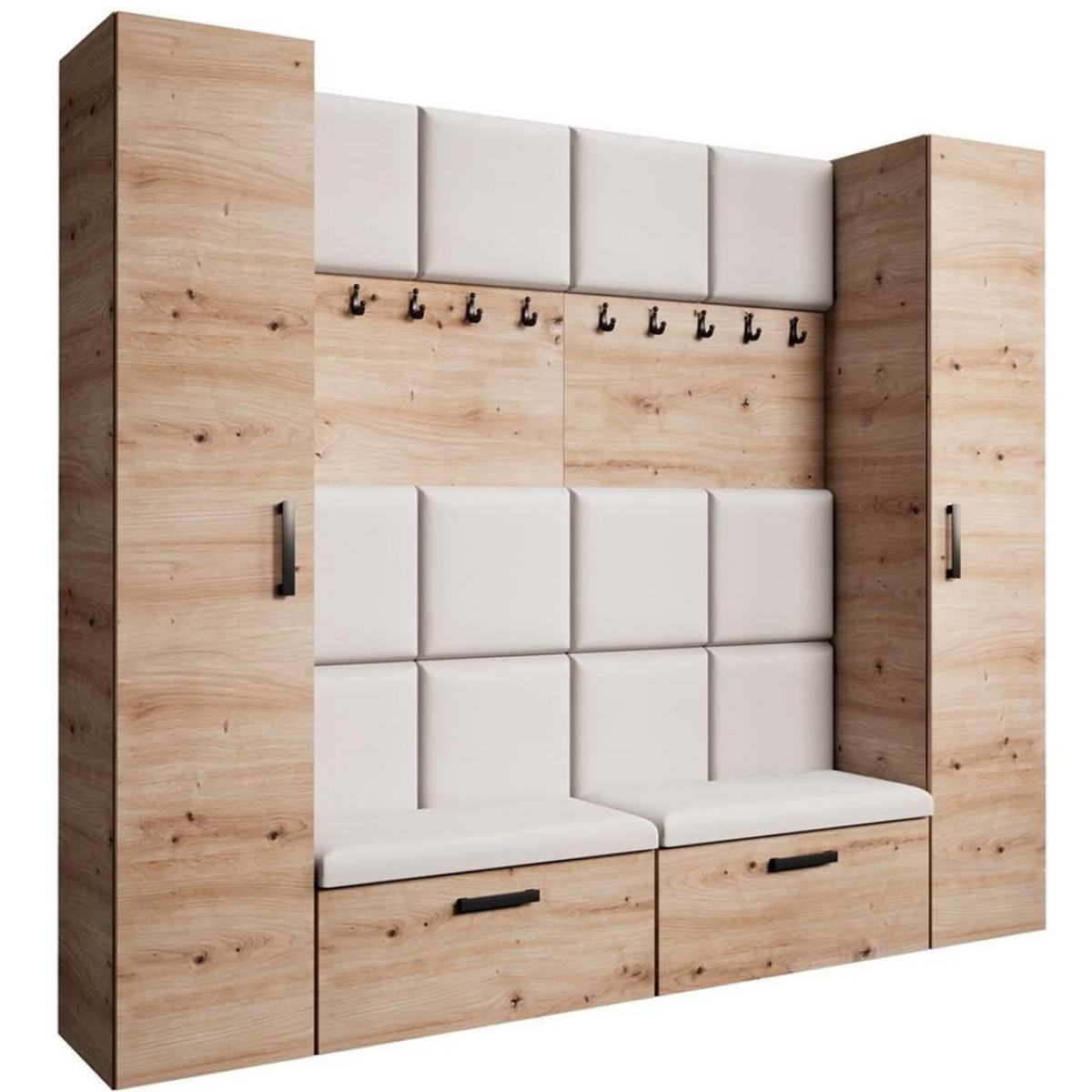 GARDEROBE Margaret XL 242/203/43 mit gepolsterten Paneelen und Schuhschrank - Beige/Schwarz, Holzwerkstoff/Kunststoff (242/203/43cm) - Beautysofa