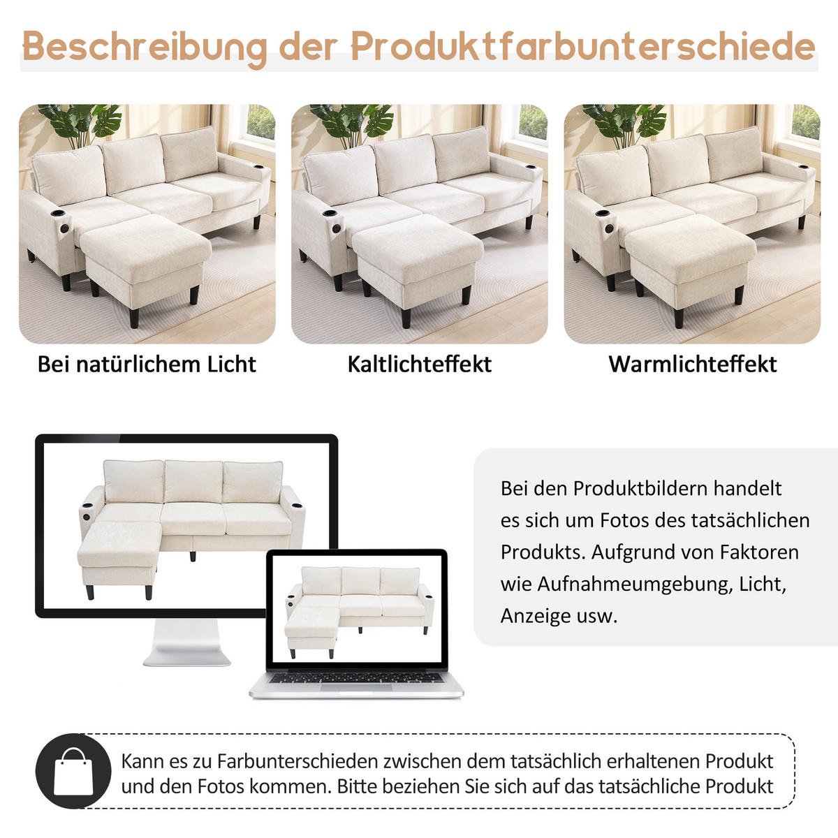 ECKSOFA Leinen mit USB-Anschluss und Typ-C 202/137/80 cm Beige - Beige, Textil (137/202cm) - Redom