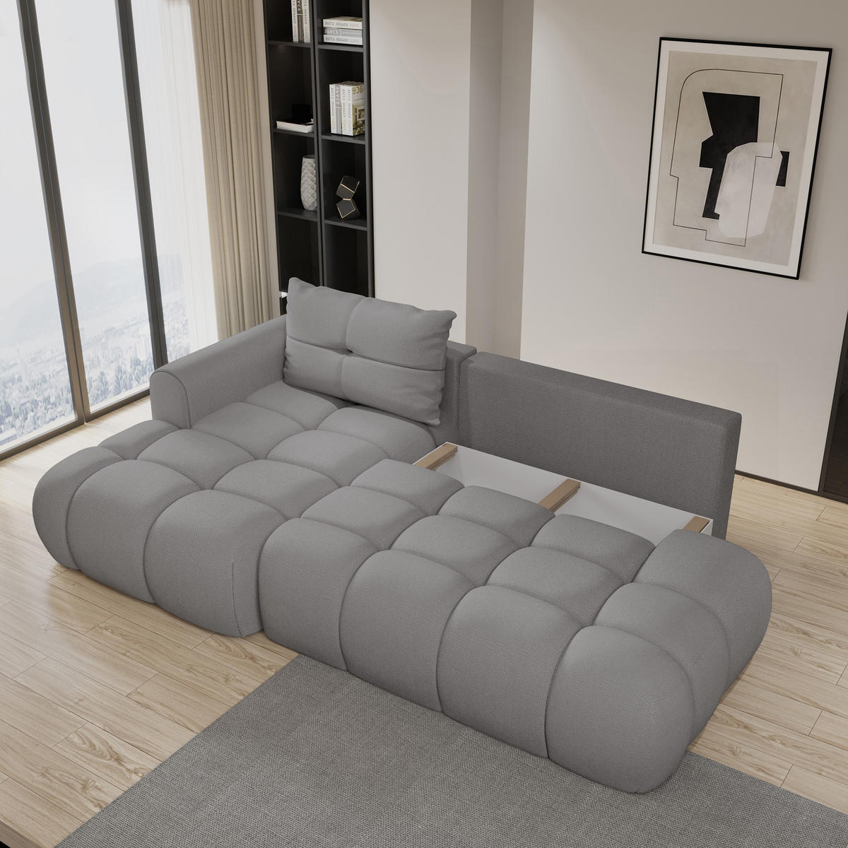 ECKSOFA FLUMA L-S Blau Geflochtener Stoff mit Schlaffunktion - Blau, Holz (274/165cm) - MASSENO