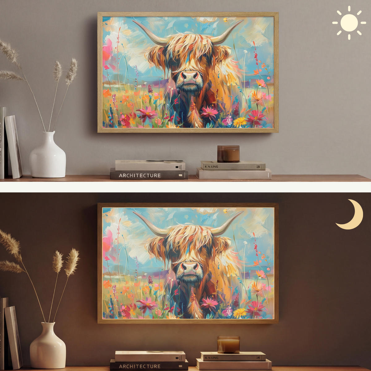 NÁSTĚNNÁ LAMPA S AKUMULÁTOREM Skotský horal - Příroda - Barevné - Květiny 60x40 cm - různobarevná, kompozitní dřevo (60/40/8cm) - OnlyWow