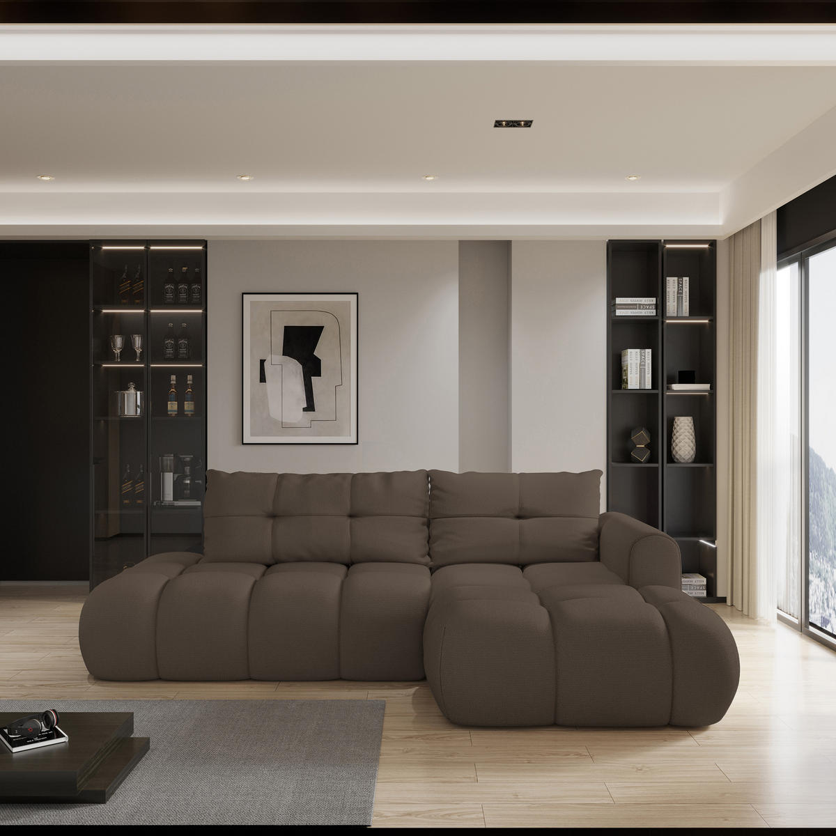 ECKSOFA FLUMA R-S Braun Geflochtener Stoff mit Schlaffunktion - Braun, Holz (274/165cm) - MASSENO